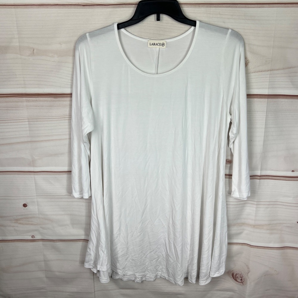 LARACE Top Women 3X White 3/4 Sleeve Tunic Jersey Knit Round Neck Solid Pullover